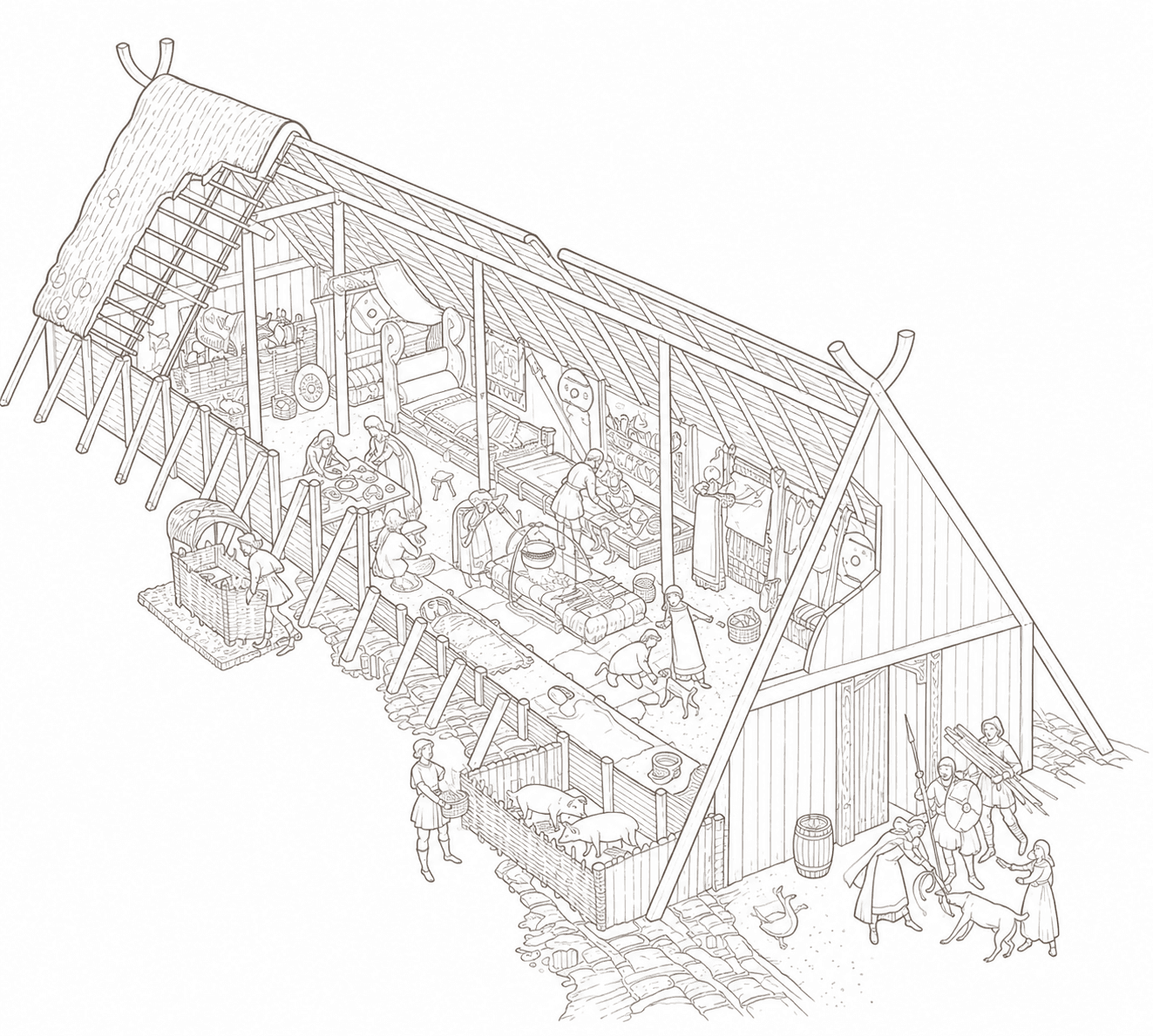 Longhouse historical interior illustration